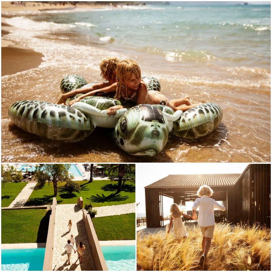 Dzieci kąpiące się w morzu, rodzina na spacerze, dzieci biegające wśród greckiego krajobrazu