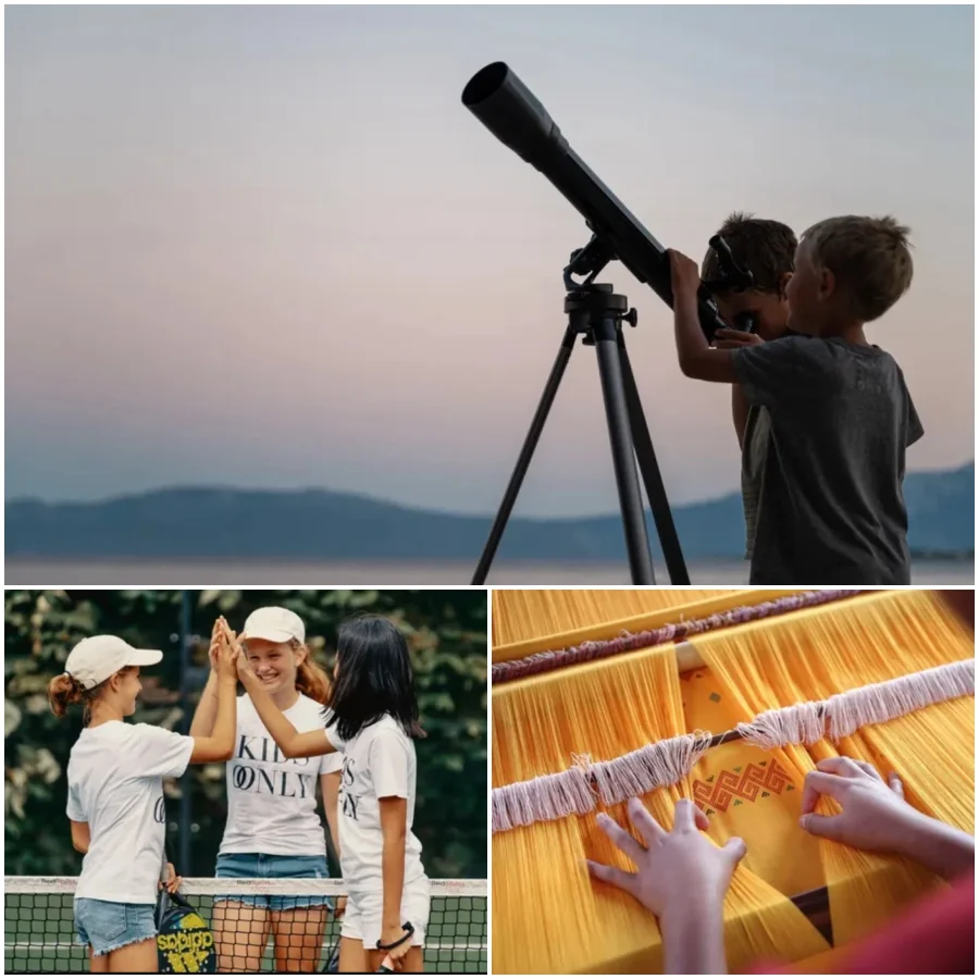 Dzieci oglądają gwiazdy na niebie, wspólna gra w tenisa, greckie rzemiosło