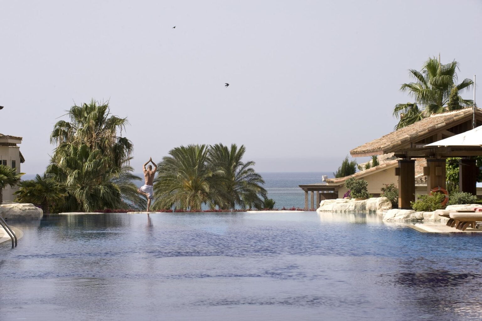 basen zewnętrzny z widokiem na palmy i morze