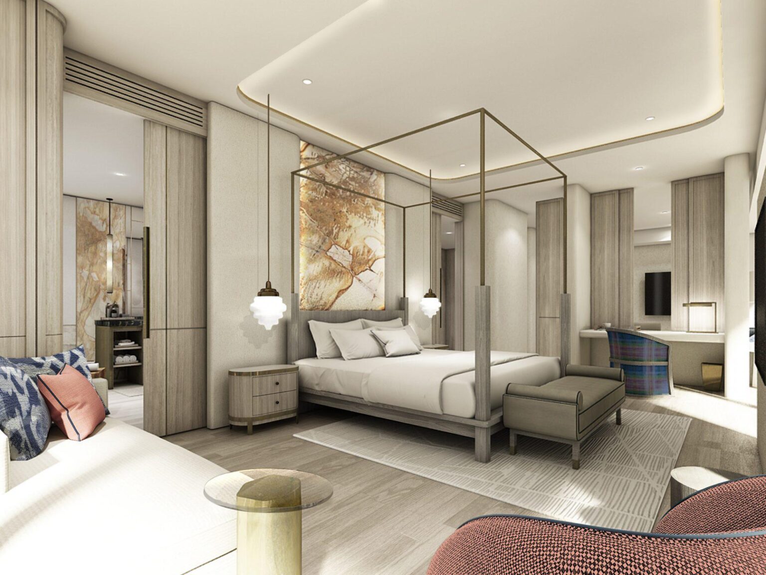 przykładowa sypialnia w eleganckich odcieniach beżu w widok z lotu ptaka na hotel i baseny City of Dreams Mediterranean