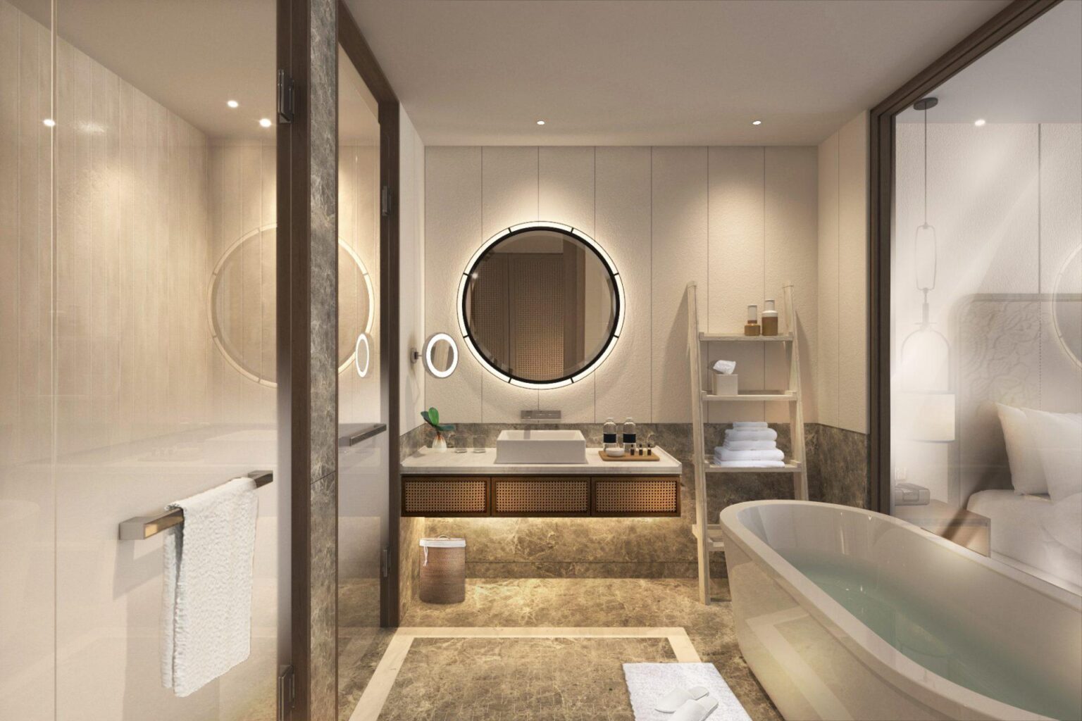 Łazienka City of Dreams Mediterranean - duże podświetlane lustro, czarna armatura i beżowe wnętrze
