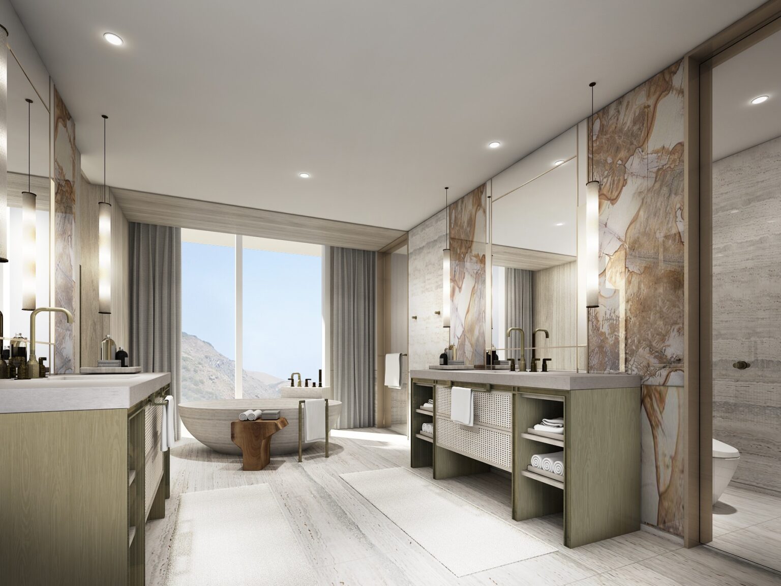 łazienka z wanną pośrodku okna, z wiodkiem na wzgórza City of Dreams Mediterranean