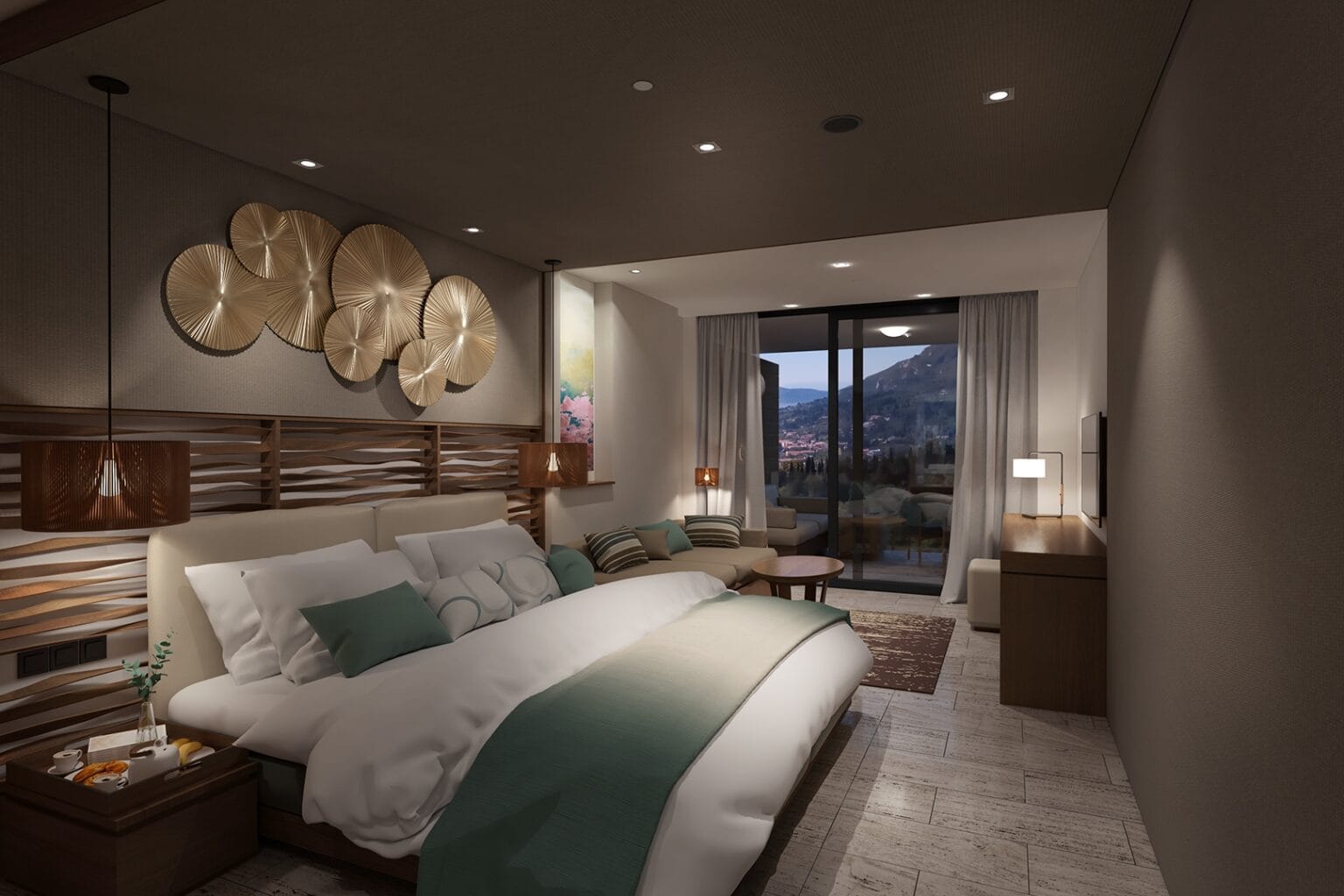 Przyciemniona sypialnia wieczorową porą Angsana korfu kotel