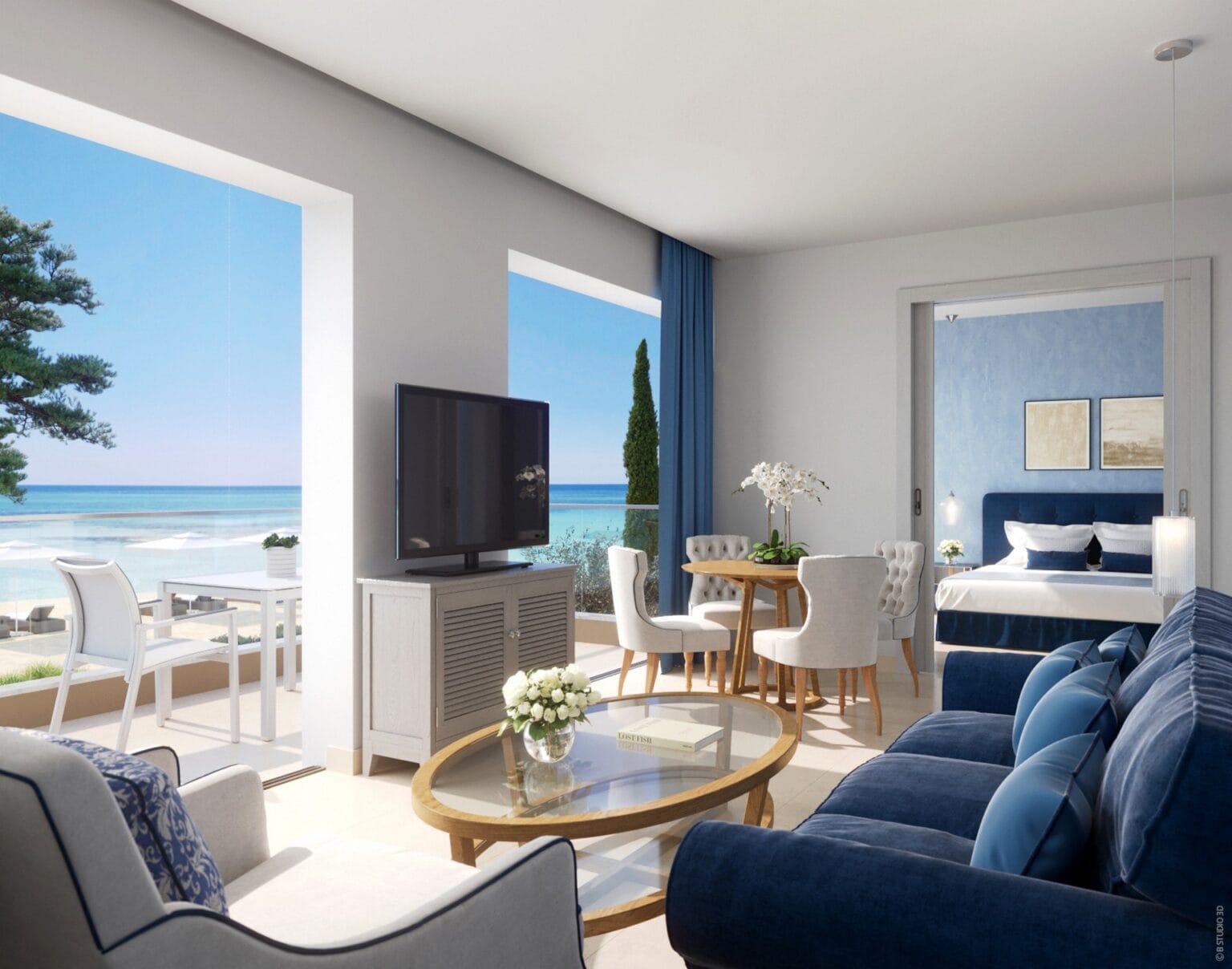 Villa dwie sypialnie kolorystyka grecka,morska - biało niebieska, przestronne miejsce Ikos Dassia