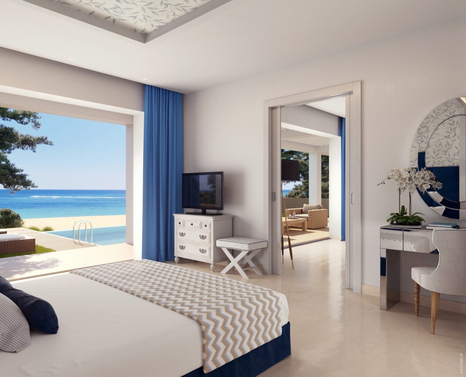 Villa dwie sypialnie kolorystyka grecka,morska - biało niebieska, przestronne miejsce Ikos Dassia
