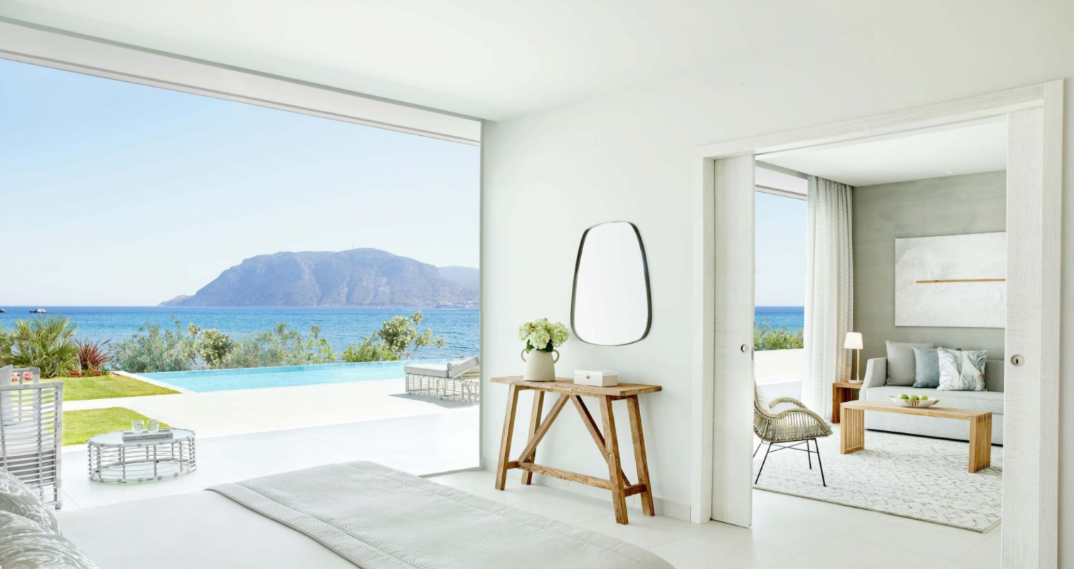 hotel Ikos Aria na wyspie Kos jasne i przestronne sypialnie z wyjściem na basen