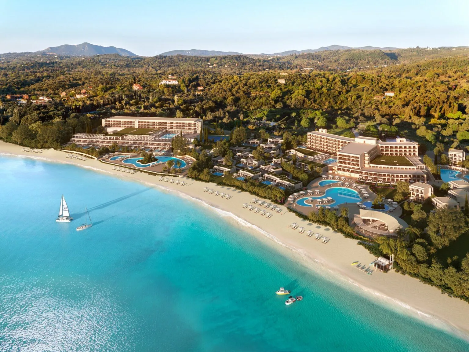 Ikos Dassia - widok z lotu ptaka na morze i hotel