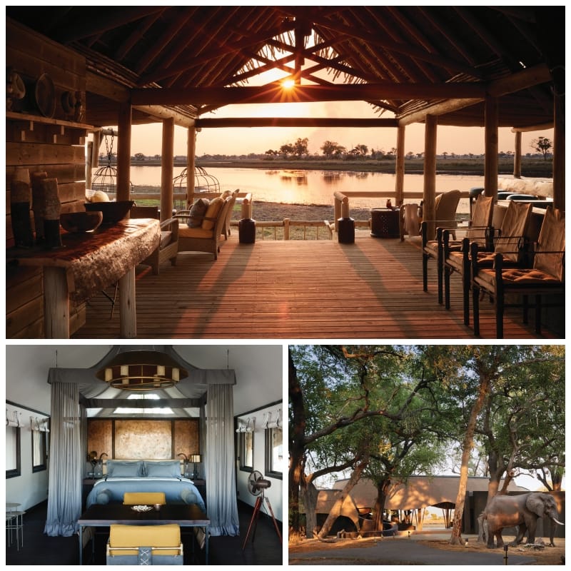 Eagle Island Lodge, A Belmond Safari Botswana, widok na zachód słońca, elegancka lodge, słoń