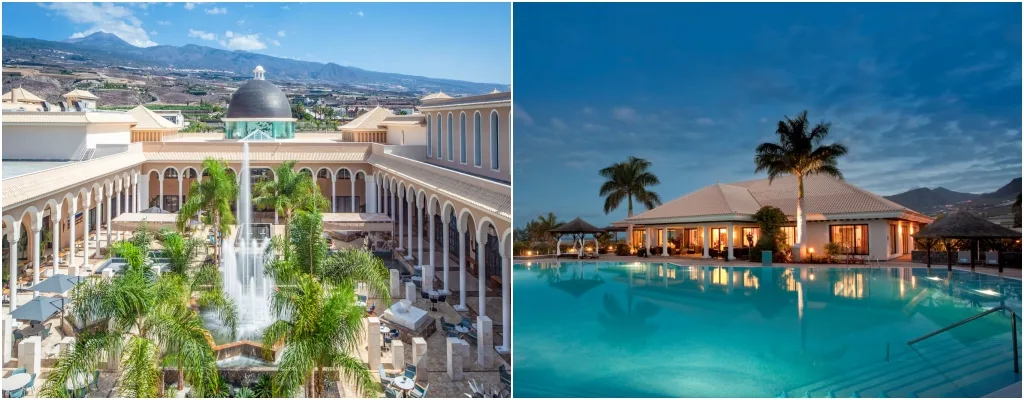 Hotel Gran Melia Palacio De Isora - widok na centrum hotelu z fontanną oraz willa nad basenem