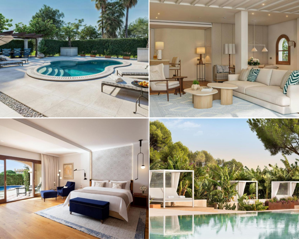 zdjęcia basenu na zewnątrz oraz apartamentów w st. regis mardavall mallorca resort.