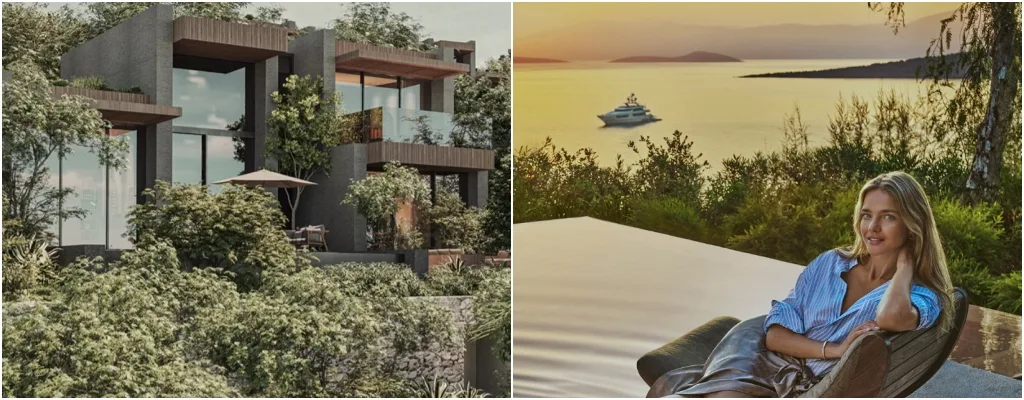 widok na ville maxx royal bodrum kobieta o zachodzie słońca z widokiem na wodę i jacht