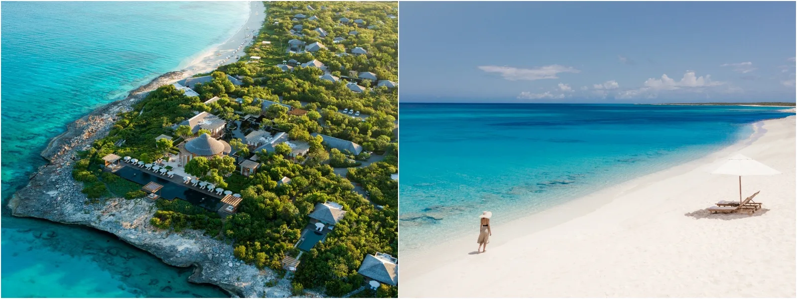 The white sand and turquoise waters of Grace Bay stretch to the horizon. A paradise landscape perfect for a peaceful vacation. Hotel Amanyara