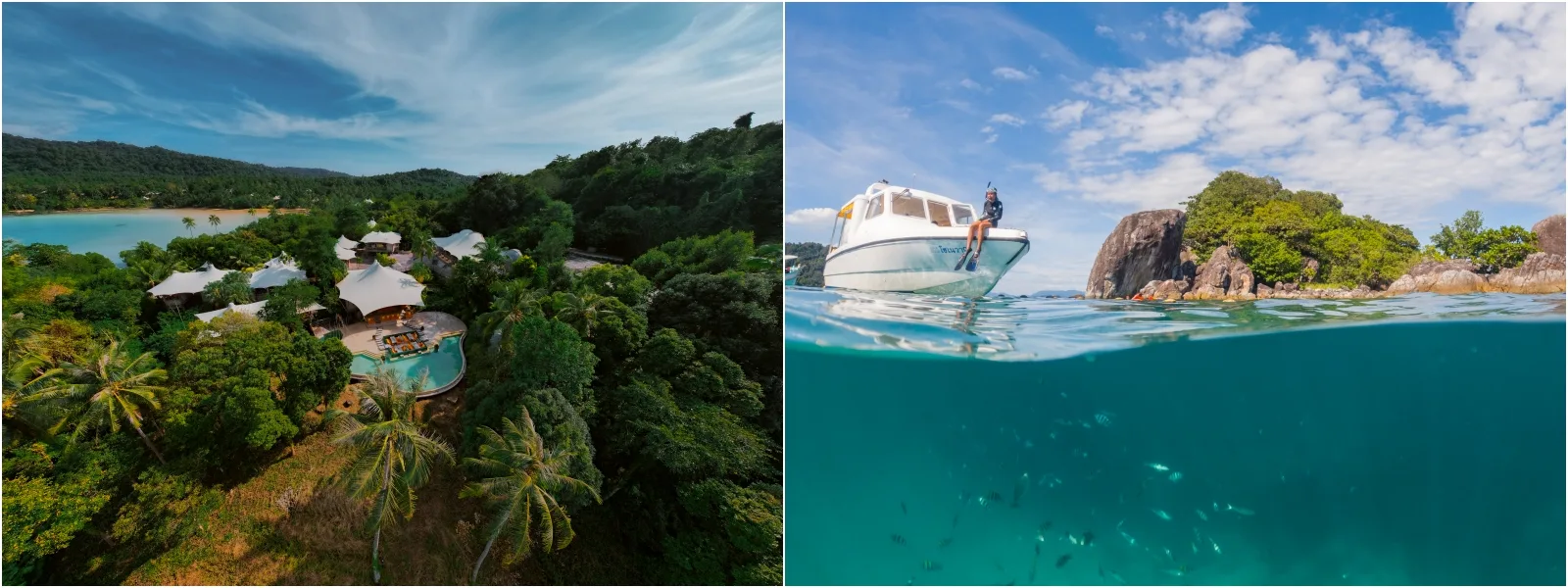 Soneva Kiri An exotic beach surrounded by jungle, where traditional Thai boats float on the calm waters. A tropical paradise that delights.
