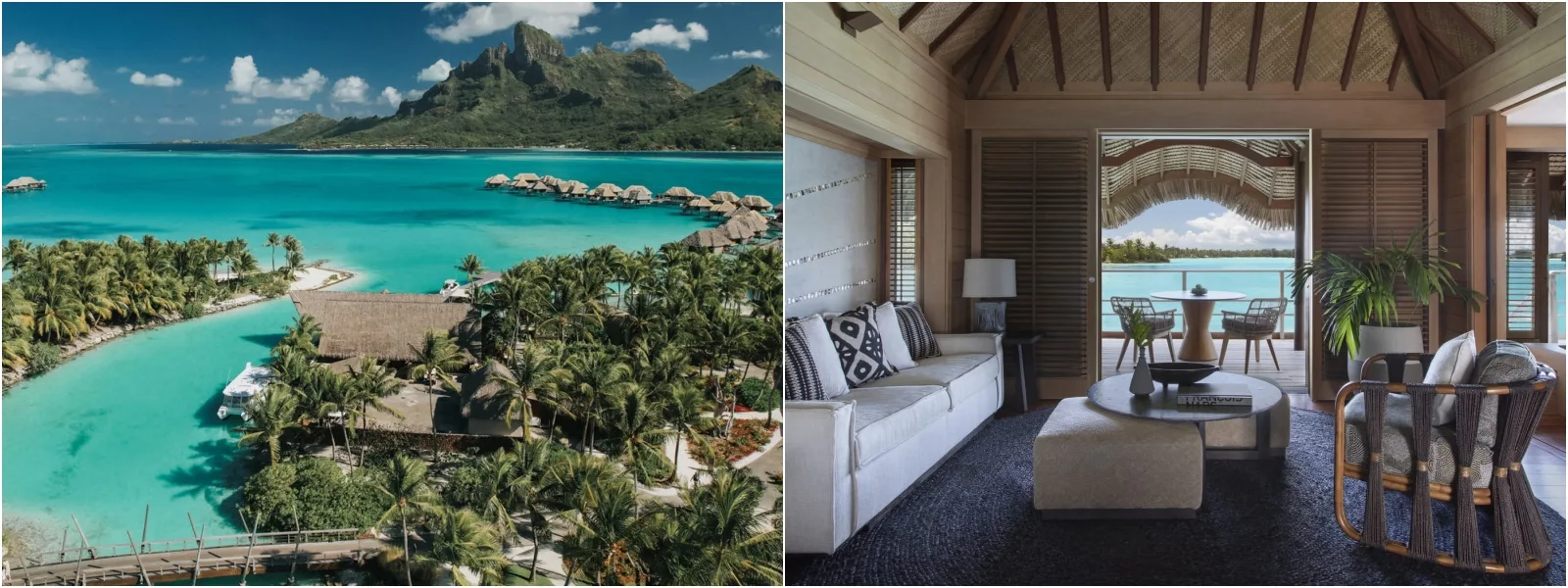 Luxury water bungalows at Four Seasons Bora Bora surrounded by a blue lagoon and majestic mountains. A dream destination for a romantic getaway.