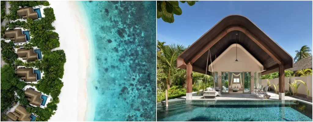 Private villas in Joali Being over crystal clear waters. Sunset reflecting off the calm ocean.