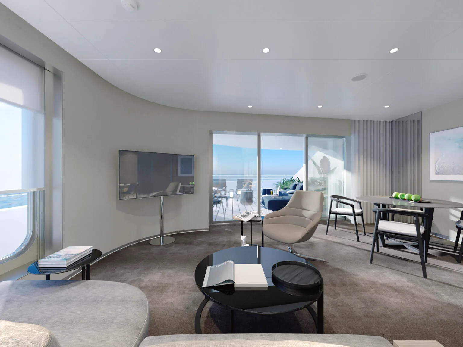 Зразкова кімната в Emerald Cruises, в бежевих і коричневих тонах, із зоною відпочинку з видом на воду