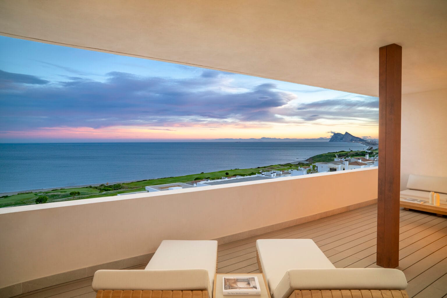 Fairmont La Hacienda Hotel Balcont of Rpoom 221 at Sunset, La Alcaidesa, Andalucia. Spain
