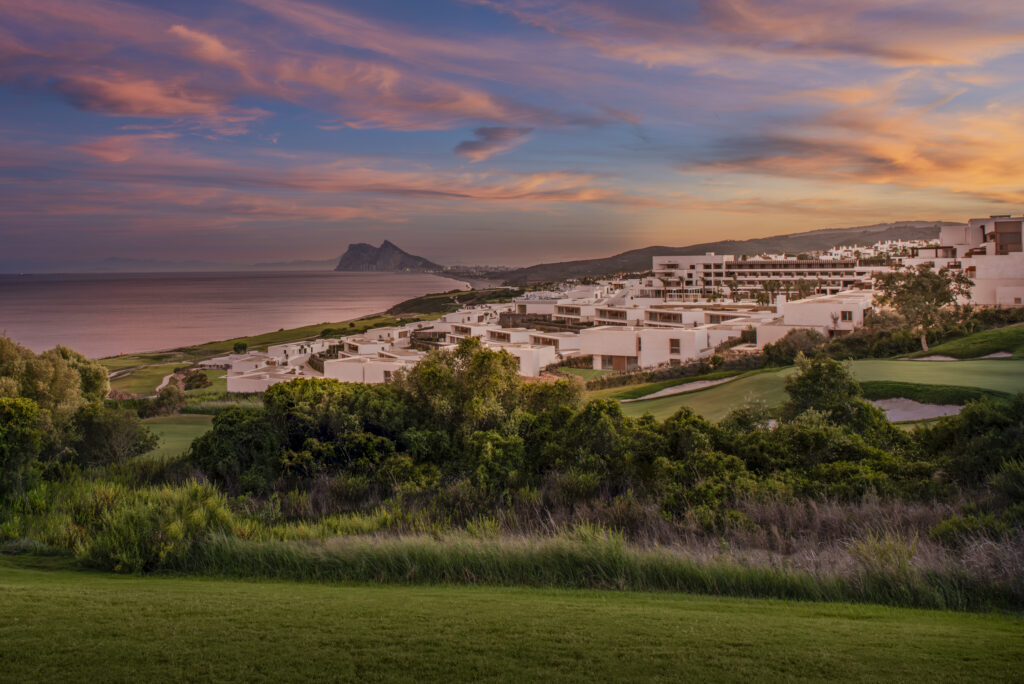 Fairmont La Hacienda Hotel golf course and view to Gibraltar, La Alcaidesa, Andalucia. Spain