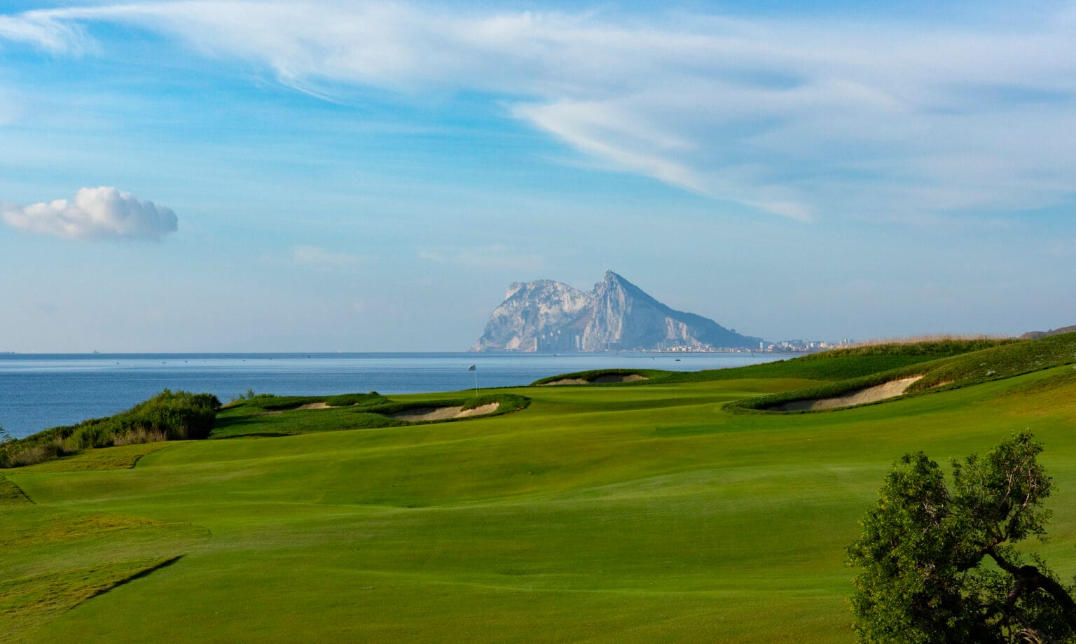 Fairmont La Hacienda Hotel and golf course and view to Gibraltar, La Alcaidesa, Andalucia. Spain