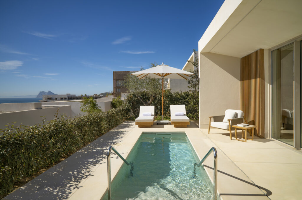 Fairmont La Hacienda Hotel , Room 1022, Terrace and plunge pool, views to Gibraltar. and Africa
