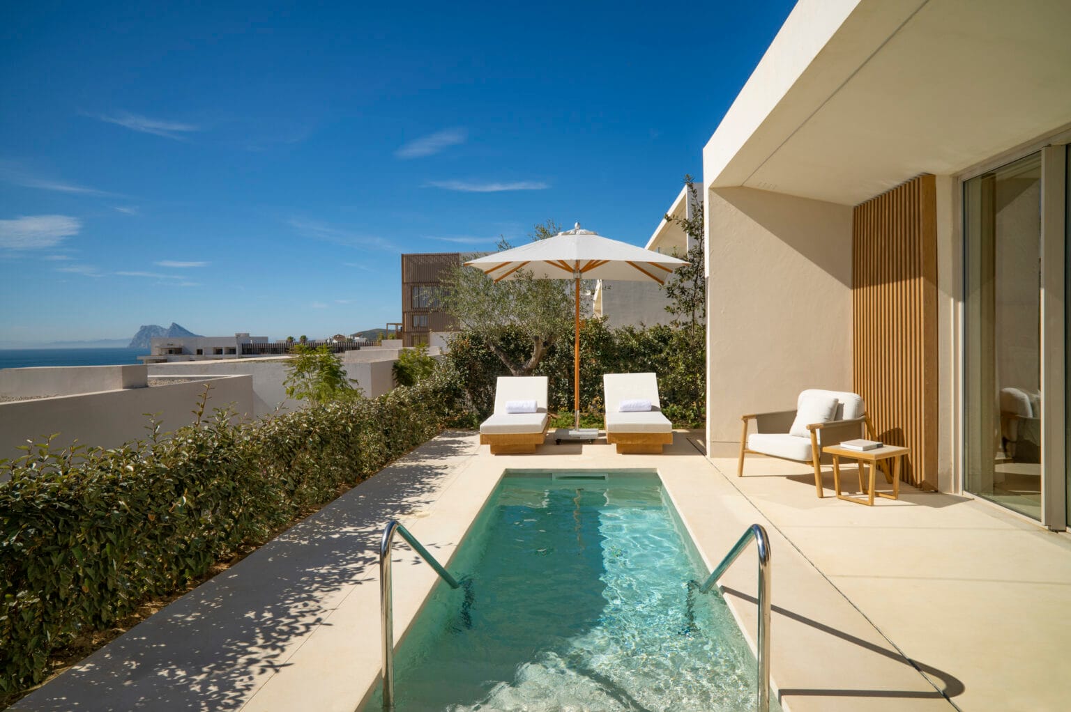 Fairmont La Hacienda Hotel , Room 1022, Terrace and plunge pool, views to Gibraltar. and Africa