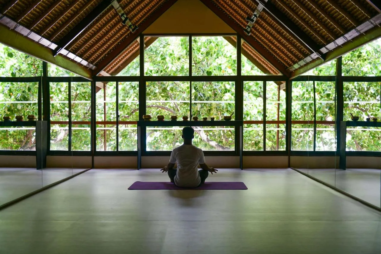 a man sitting on a mat surrounded by nature, in a building that is designed for meditation, outside the window you can see only vegetation