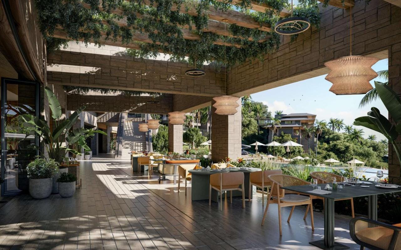 miejsce restauracji w waldorf astoria costa rica punta cacique - beżowe krzesła i jasny wystrój w nowoczesnym stylu z widokiem na przyrodę