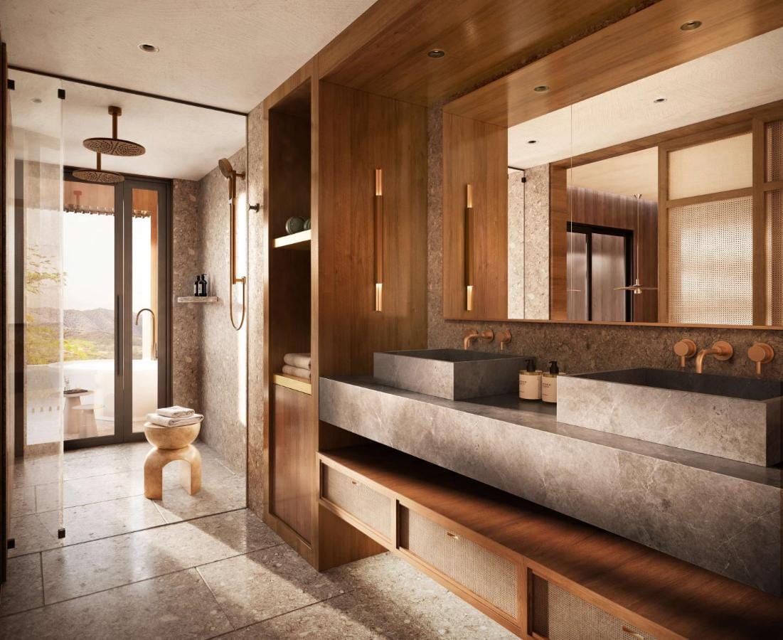 przykładowa łazienka w kolorach białych, beżowych i brązowych waldorf astoria costa rica punta cacique