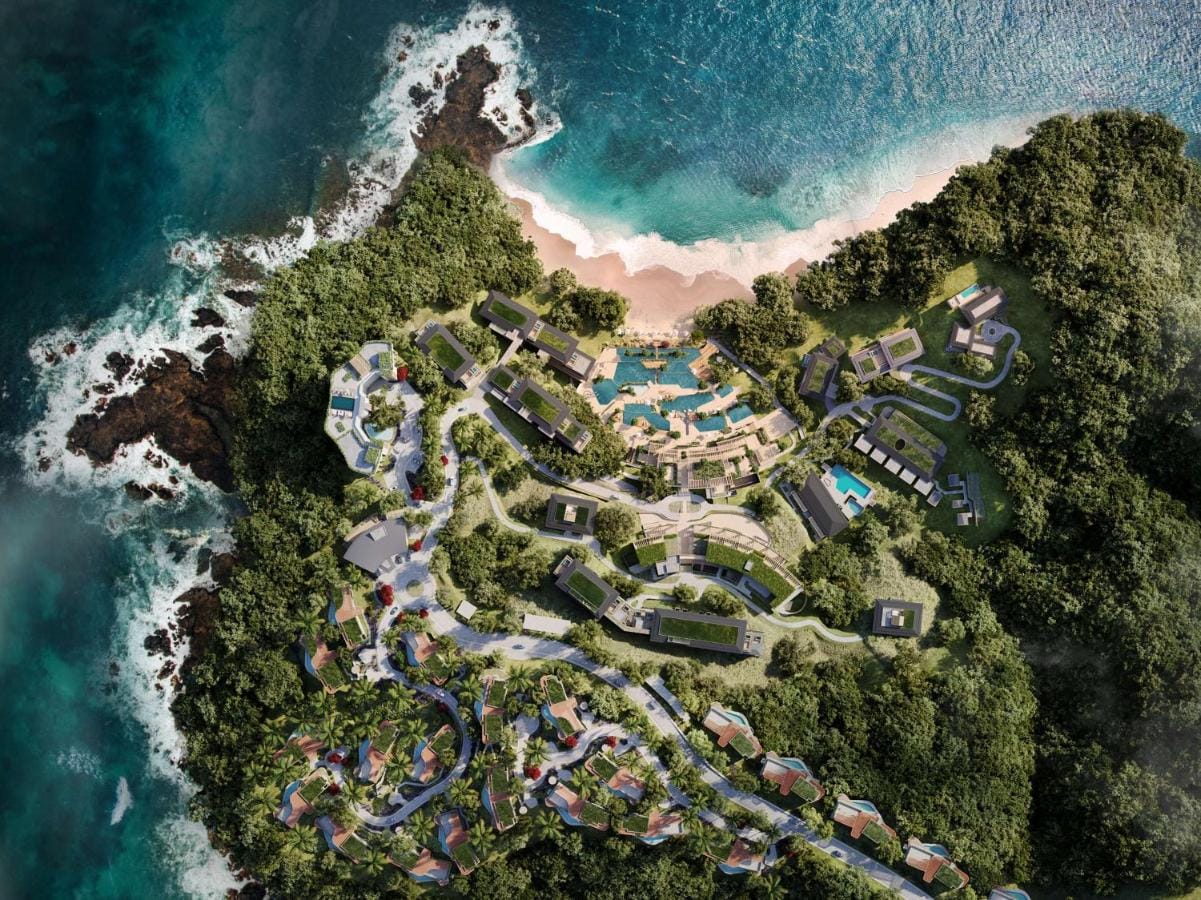 waldorf astoria costa rica punta cacique z lotu ptaka, zdjecie od góry wybrzeża i resortu.