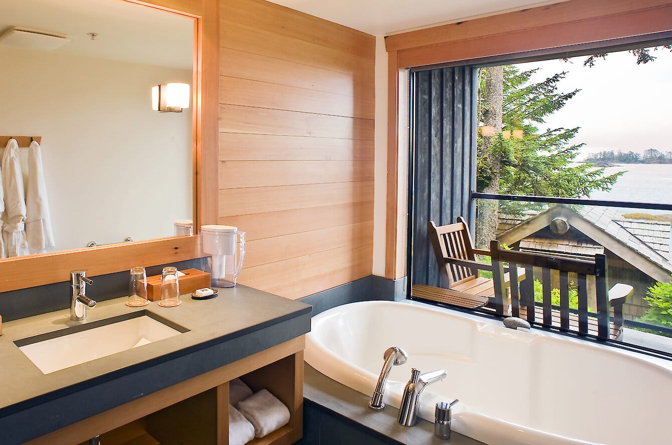 łazienka z wanną i widok