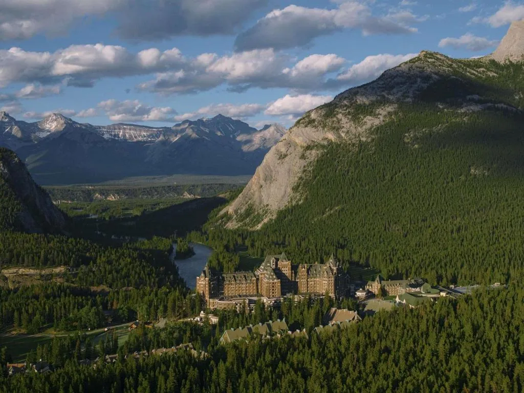 Fairmont Banff Springs Castle Bird's Eye View Surrounded by Mountains