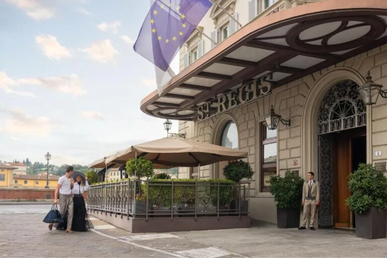 The St Regis Florence hotel entrance, hotel employee greeting at the entrance