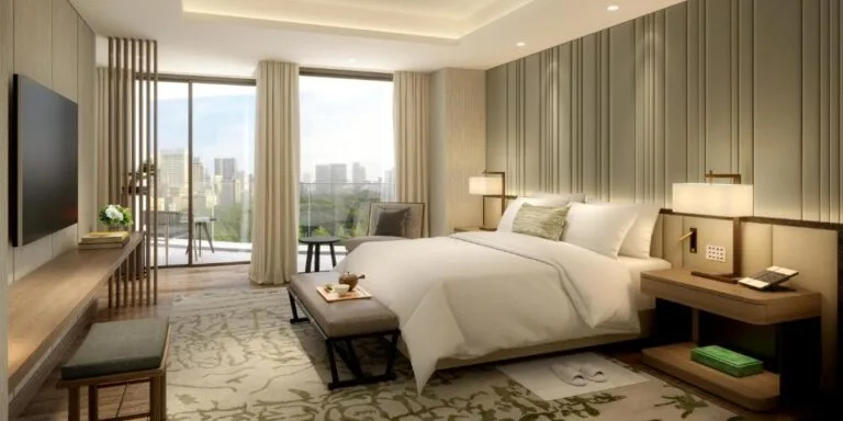 palace hotel tokyo duża sypialnia podwójne łóżko, widok na tokyo