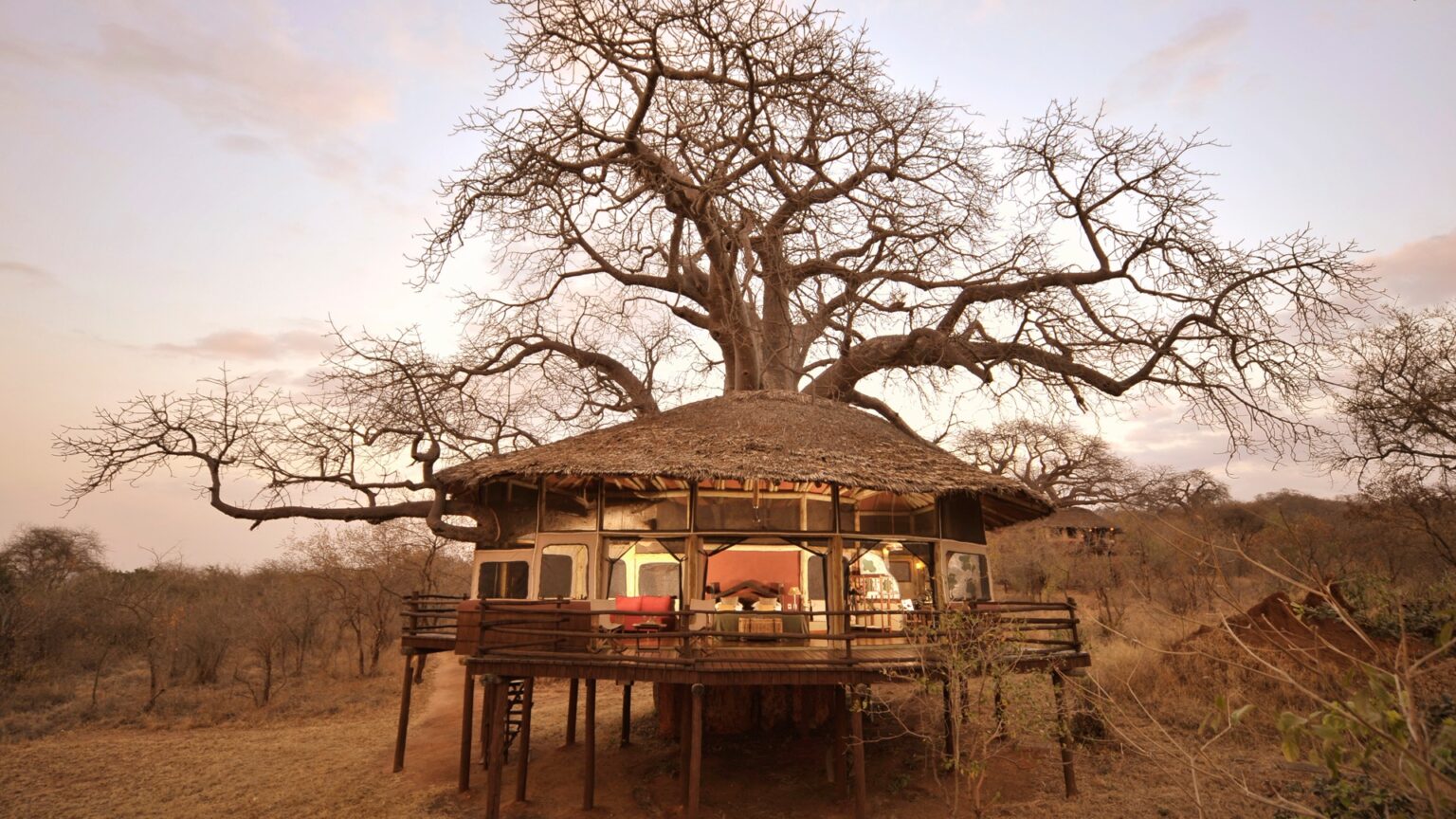 tree house lit inside at tarangire tops